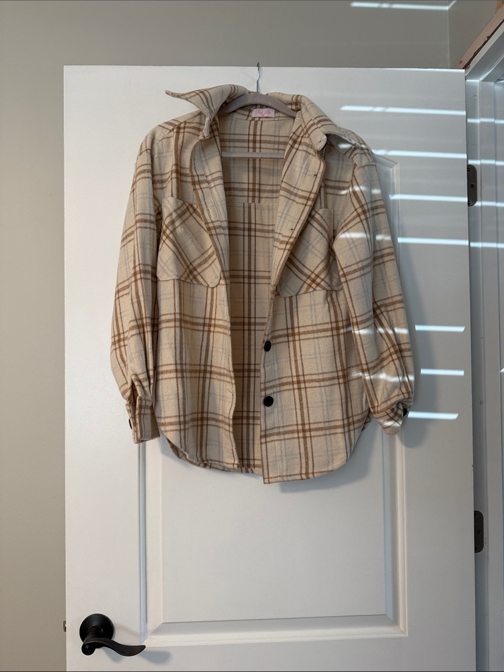 Pink Lily Cream and Tan Plaid Teddy Shacket